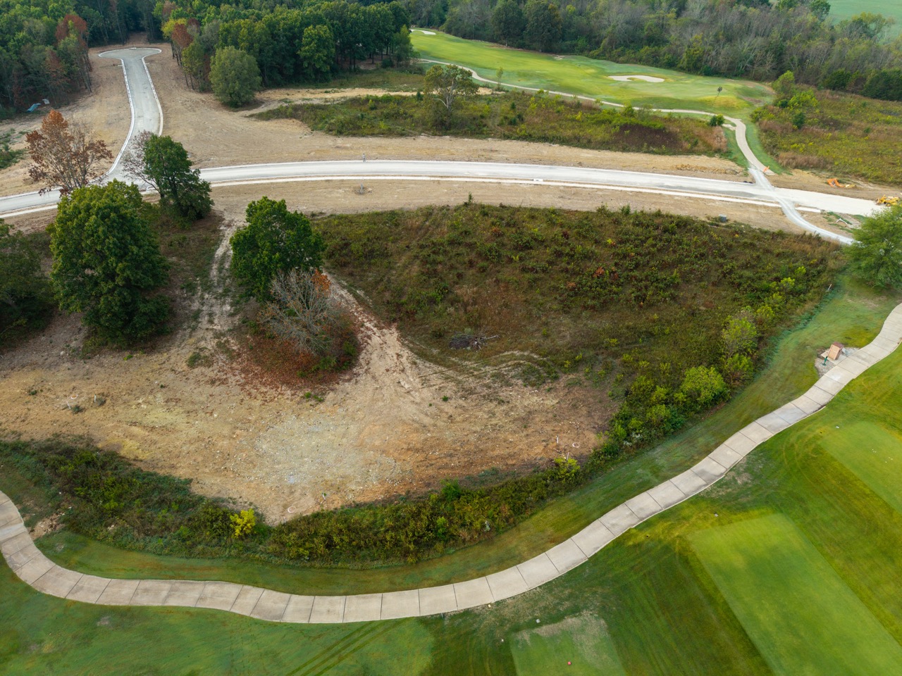 Bare dirt clearing with sparse vegetation on golf course