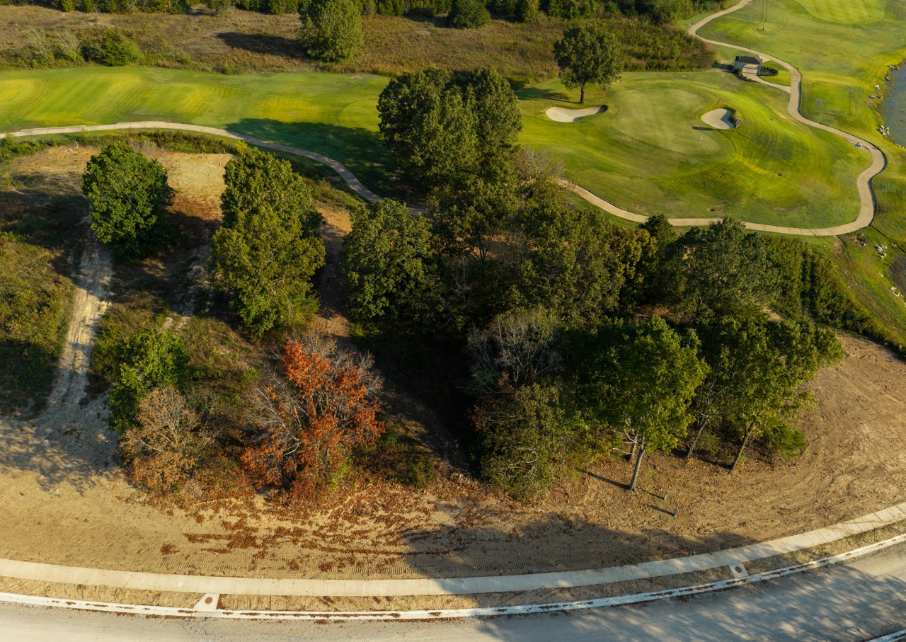 Aerial view of golf course greens and winding fairways