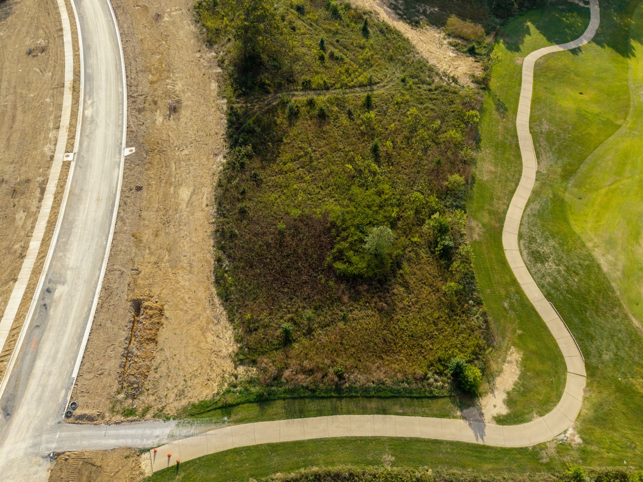 Winding concrete walkway through grassy park.
