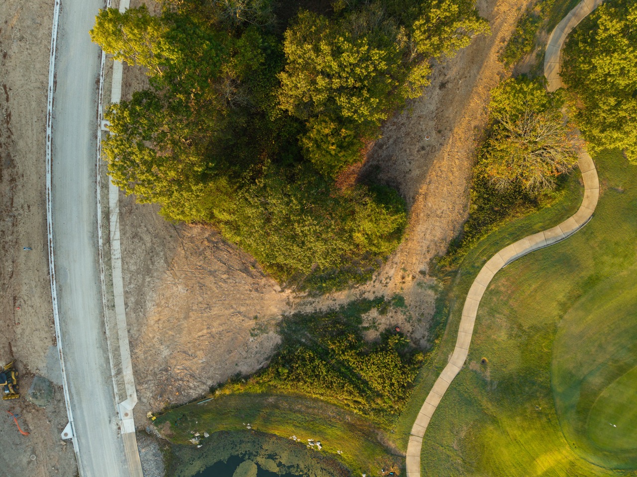 Curved concrete path through grassy park with trees