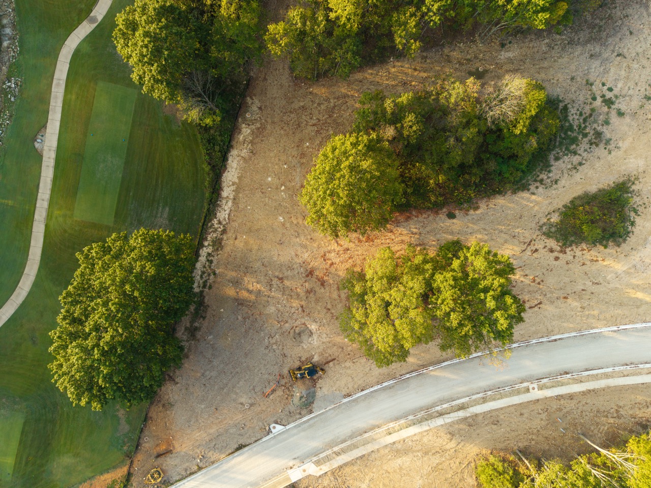 Small yellow excavator on dirt beside trees.