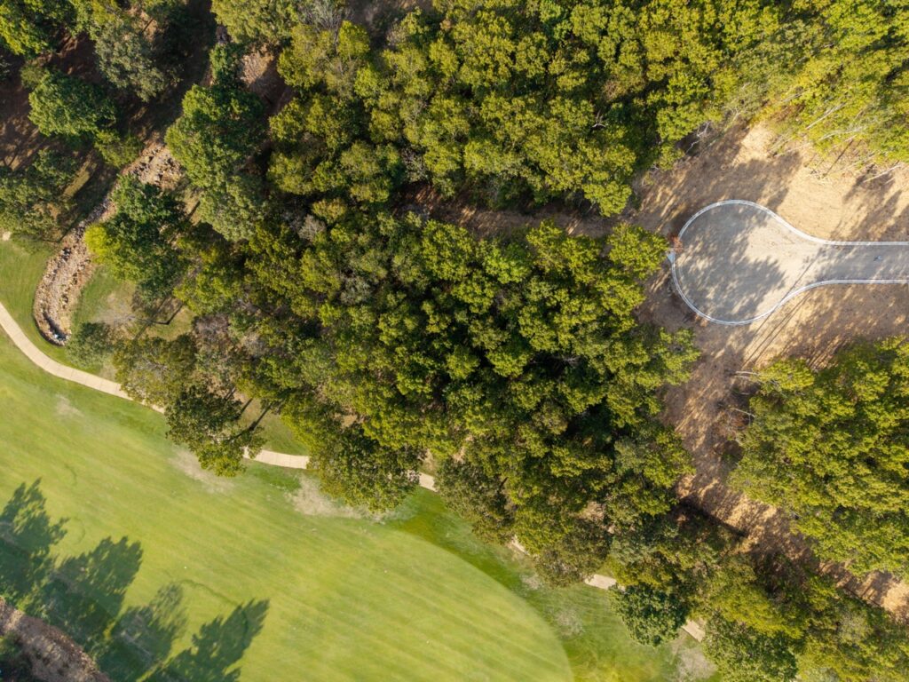 Curved golf cart path through trees
