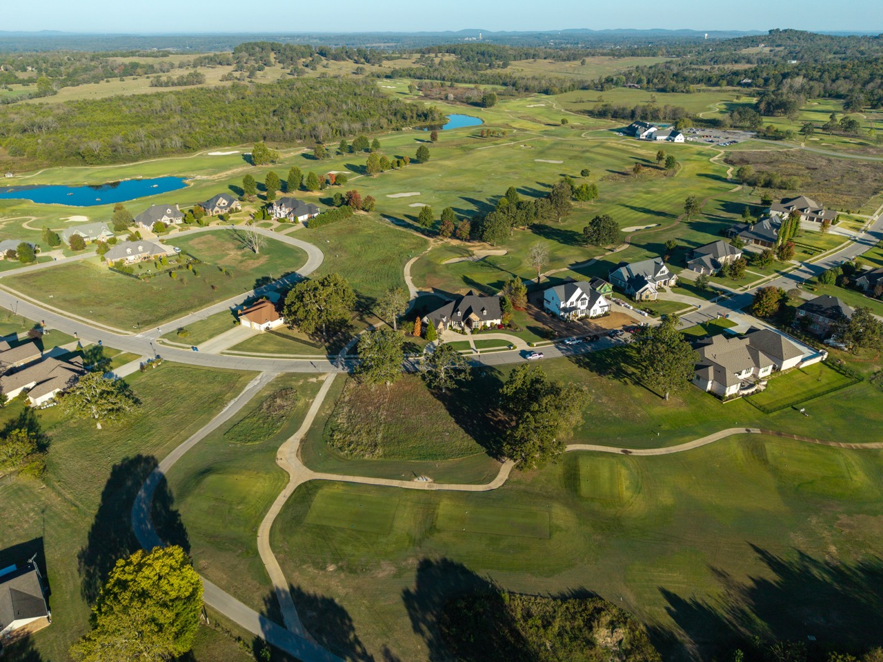 Aerial view of suburban golf course community.