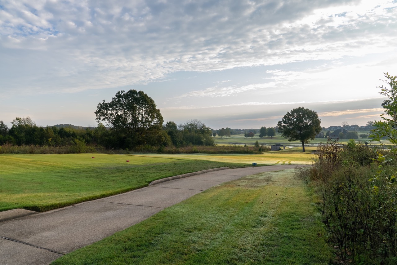 Golf course fairway beside paved cart path
