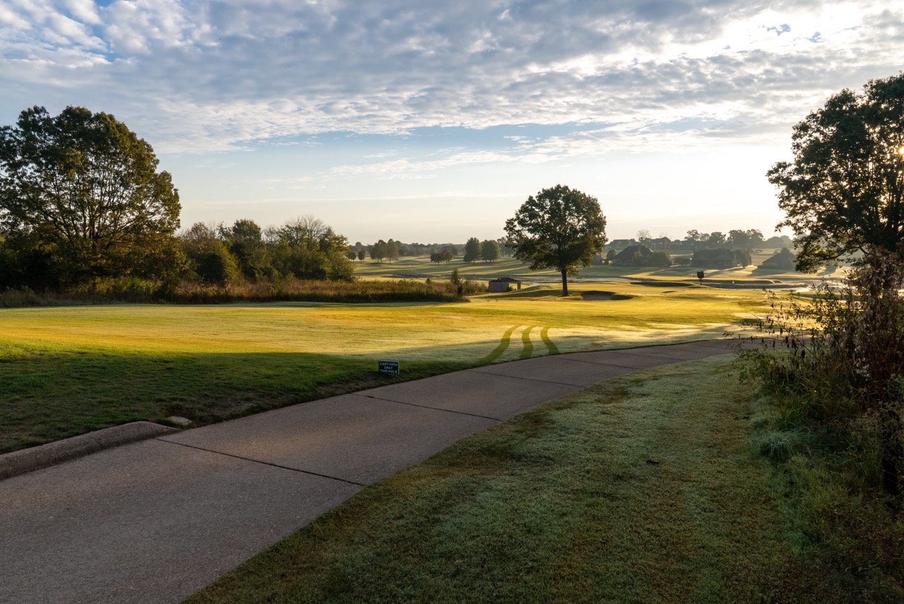 Golf course landscape with cart path and trees.