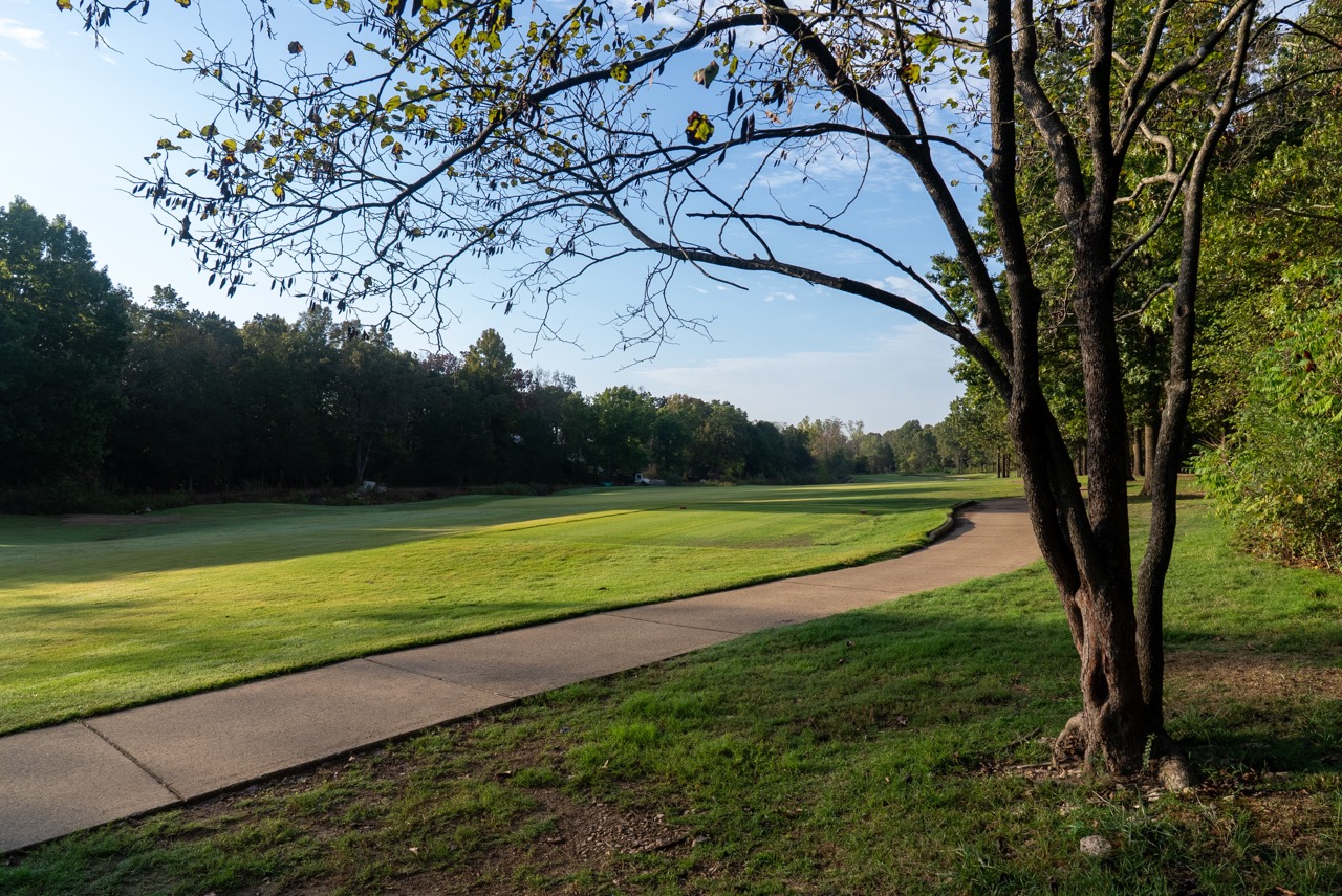 Curved cart path along golf course.