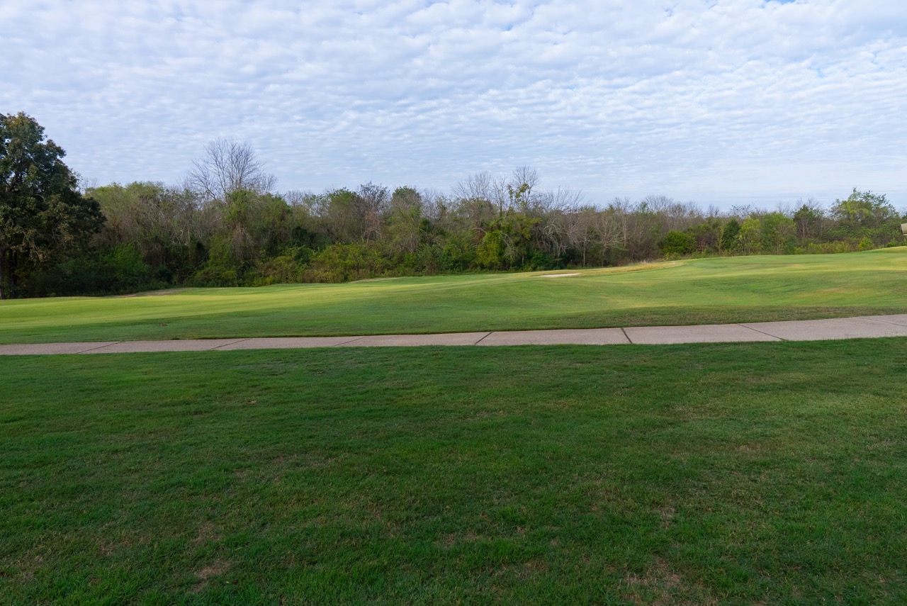 Golf course fairway bordered by trees.