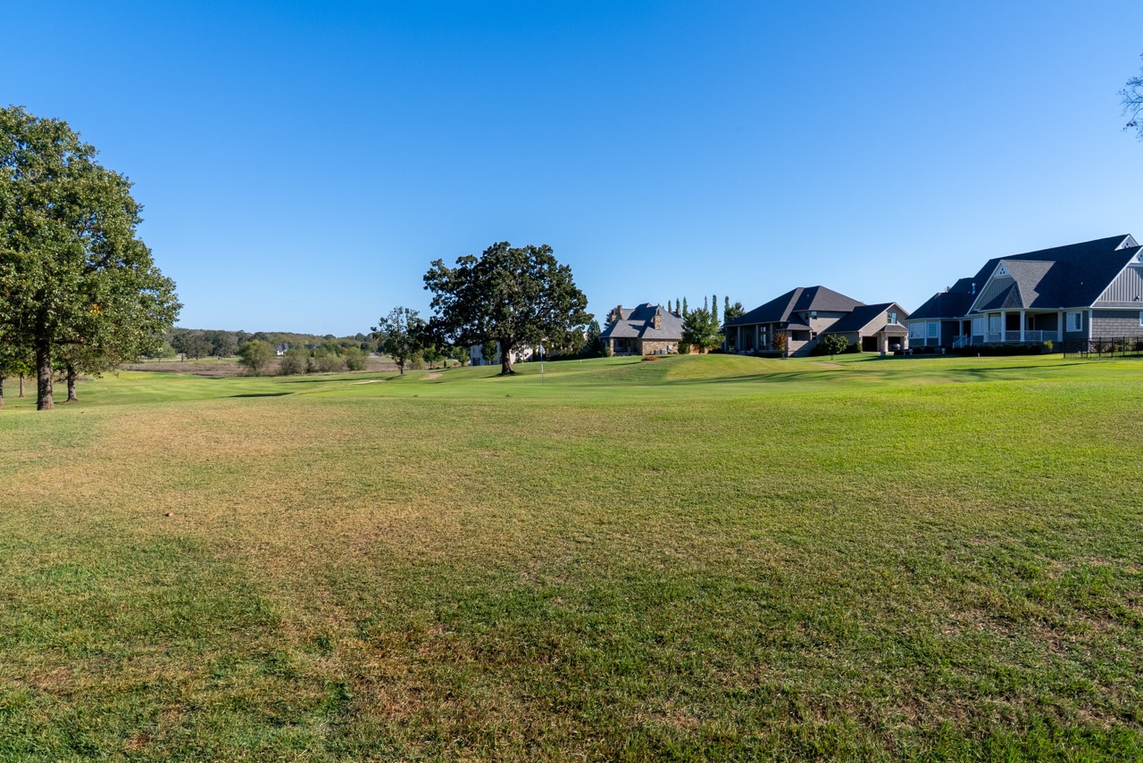 Row of suburban houses along grassy field