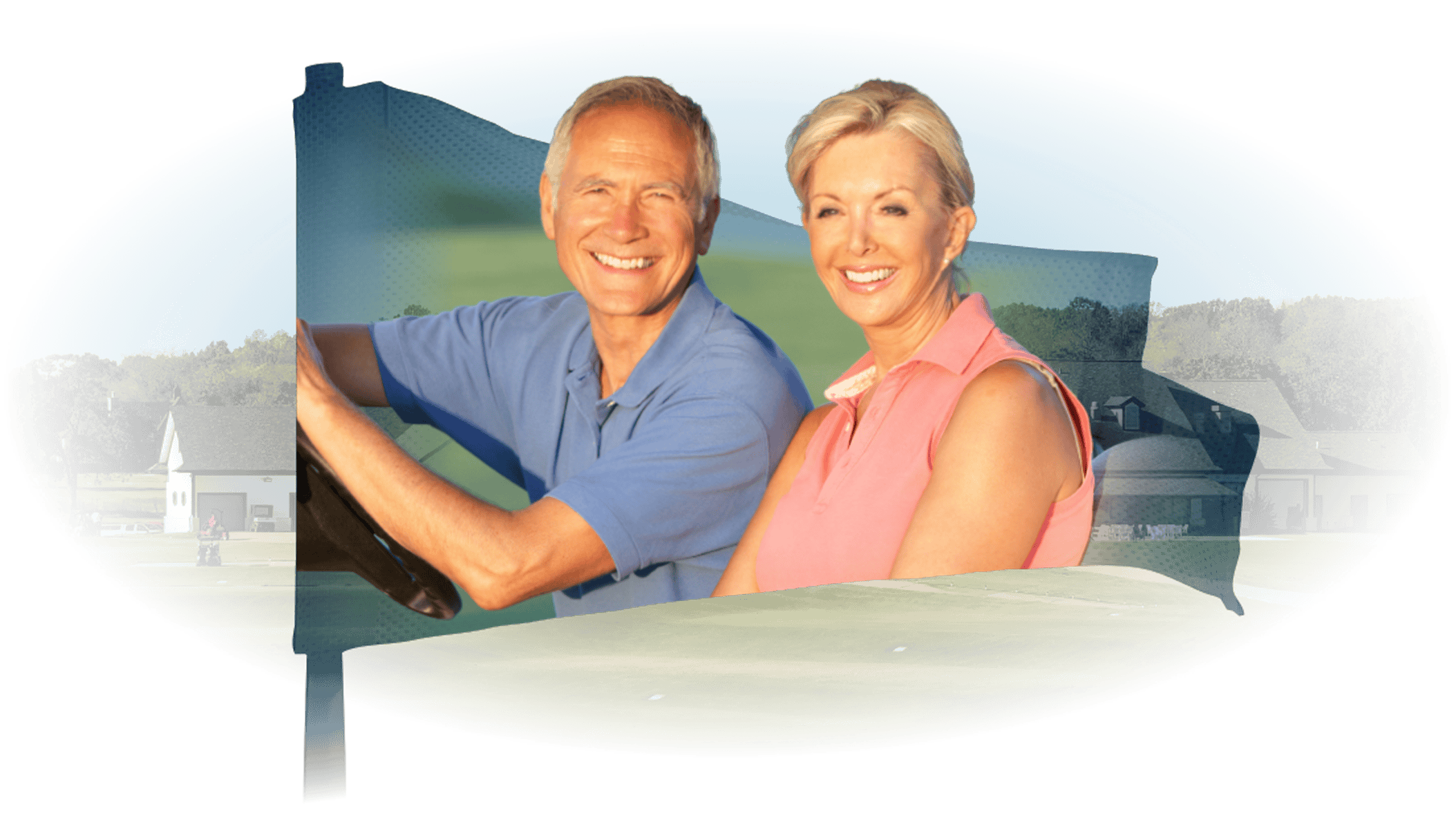 Older couple driving a golf cart