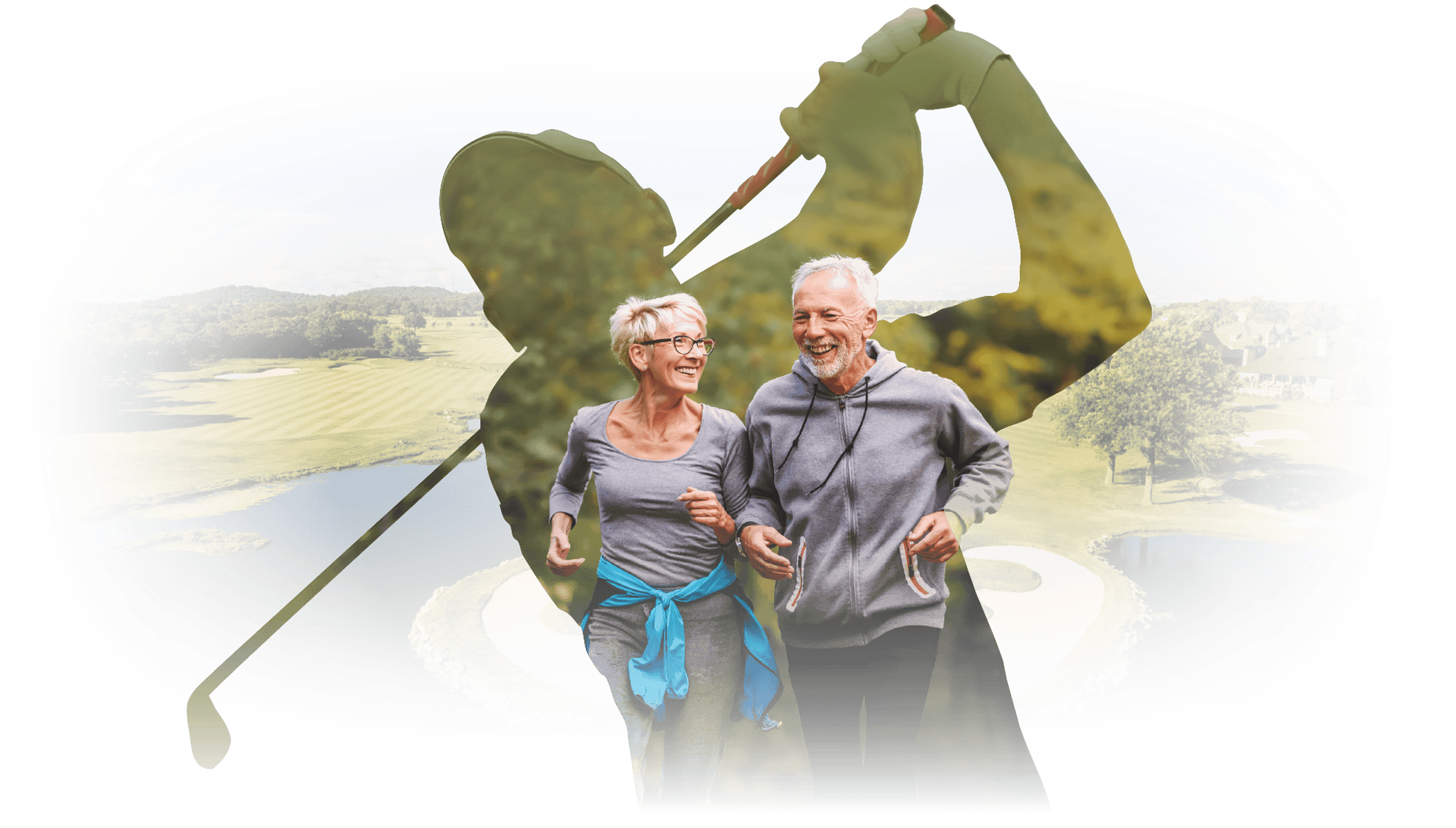 Elderly couple jogging on golf course