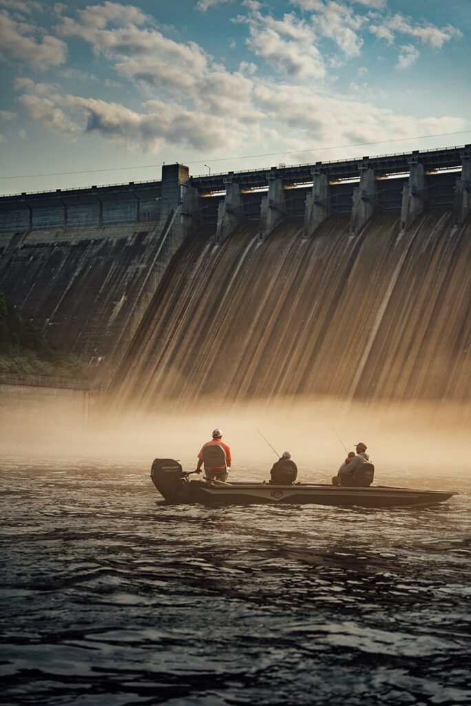 Three fishermen in a boat fishing.