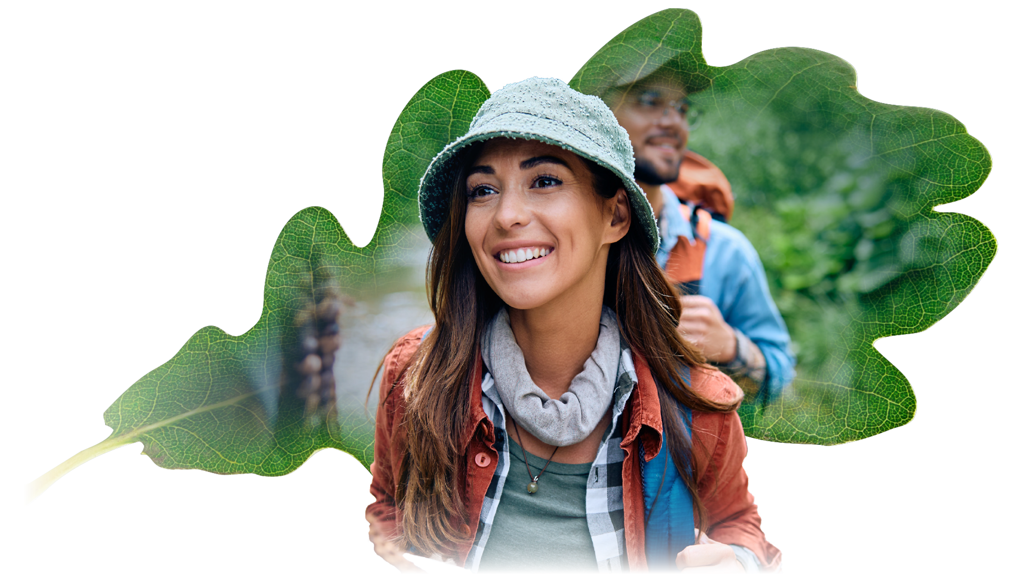 Smiling woman hiker wearing hat and neck gaiter